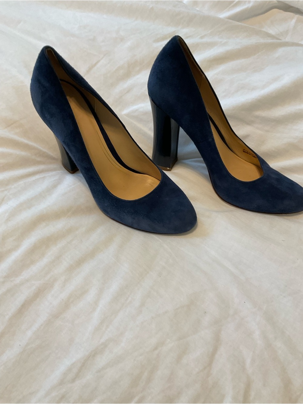 Cole Haan Navy Suede Round-Toe Block Heel Pumps
